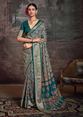 Sea Green Velvet Tusser Silk  Ajrakh Saree-INRA1003